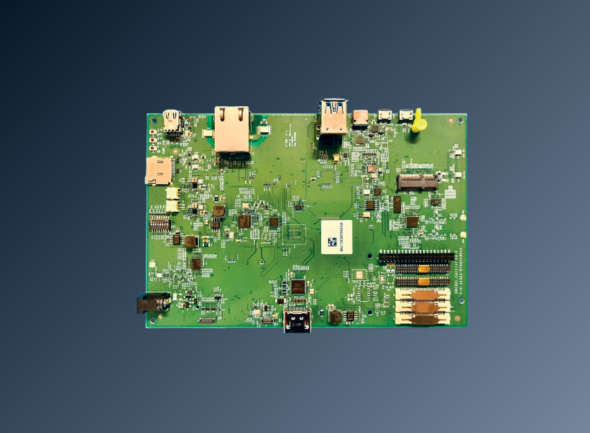 Product image of a green Lantronix OPEN-Q™ 6490CS SOM development board with multiple connectors and electronic components on a dark background.