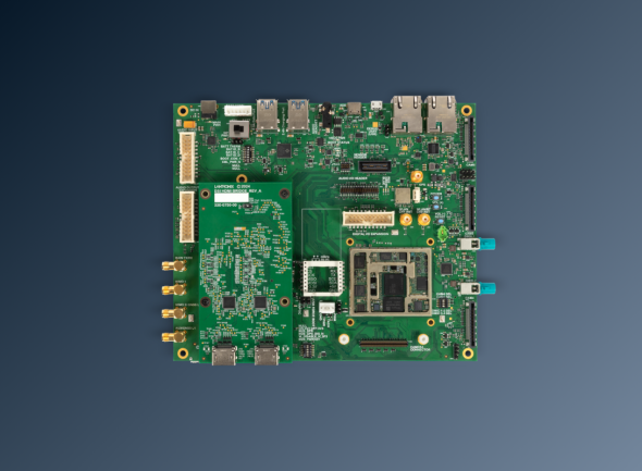 Product image of a green Lantronix OPEN-Q™ 8550CS SOM development board with multiple interfaces and components on a dark background.