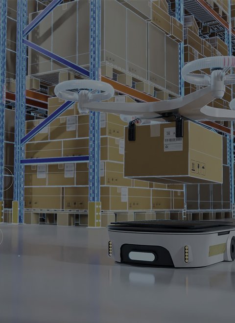 Flying drone, robot, warehouse, header image | © Atlantik Elektronik GmbH