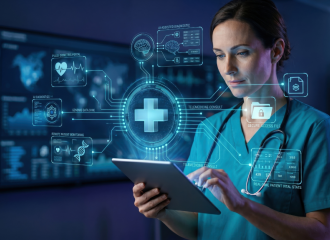 Healthcare professional using a tablet in front of a digital smart healthcare interface for AI-assisted diagnostics, telemedicine, patient data, vital sign monitoring, and secure data access | © Atlantik Elektronik GmbH