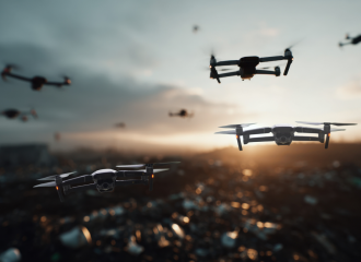 Mehrere Drohnen (UAVs) im Formationsflug bei Sonnenuntergang als Teaser für KI-gestützte Kommando- und Kontrollsysteme (C2) für autonome Flotten | © Atlantik Elektronik GmbH