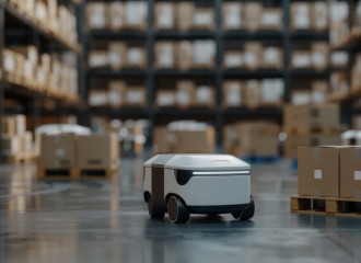 Kompakter autonomer mobiler Roboter fährt über den Boden eines Lagers; im Hintergrund sind Regale und Kartons unscharf zu sehen. | © Atlantik Elektronik GmbH