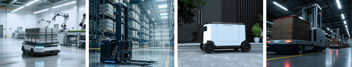 Four-image strip showing: an autonomous mobile robot in a factory, a material-handling vehicle in a high-bay warehouse, a compact last-mile delivery robot/vehicle outdoors, and a driverless transport vehicle operating in a warehouse. | © Atlantik Elektronik GmbH