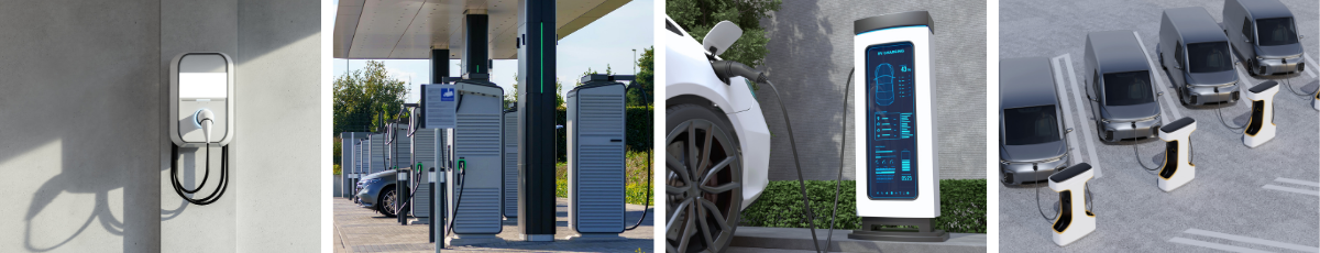 Application Areas der vernetzten Ladeinfrastruktur: Wallbox, Ladepunkte am Standort, intelligenter Charger mit Display sowie Flottenladen mit mehreren Ladepunkten für E-Mobilität | © Atlantik Elektronik GmbH