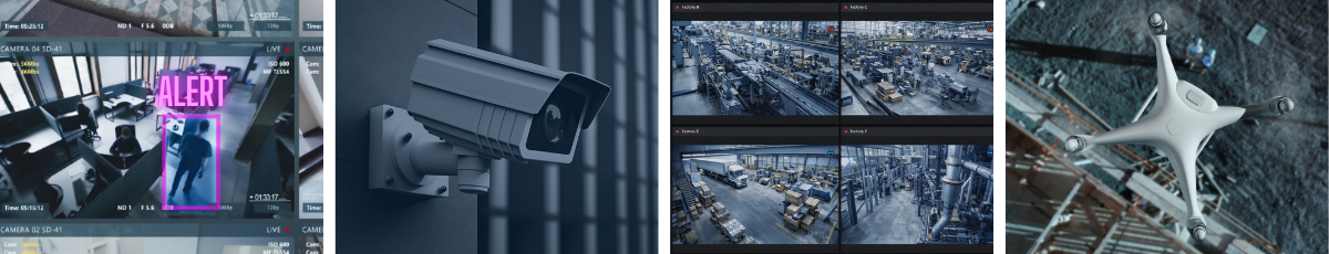Application area site surveillance: video analytics with alert, CCTV camera, control room video wall, and drone for site monitoring | © Atlantik Elektronik GmbH
