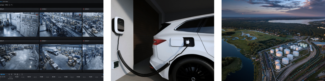 Application areas: site surveillance with video monitoring, e-mobility charging with a wallbox, and critical infrastructure with an aerial view of an industrial site | © Atlantik Elektronik GmbH
