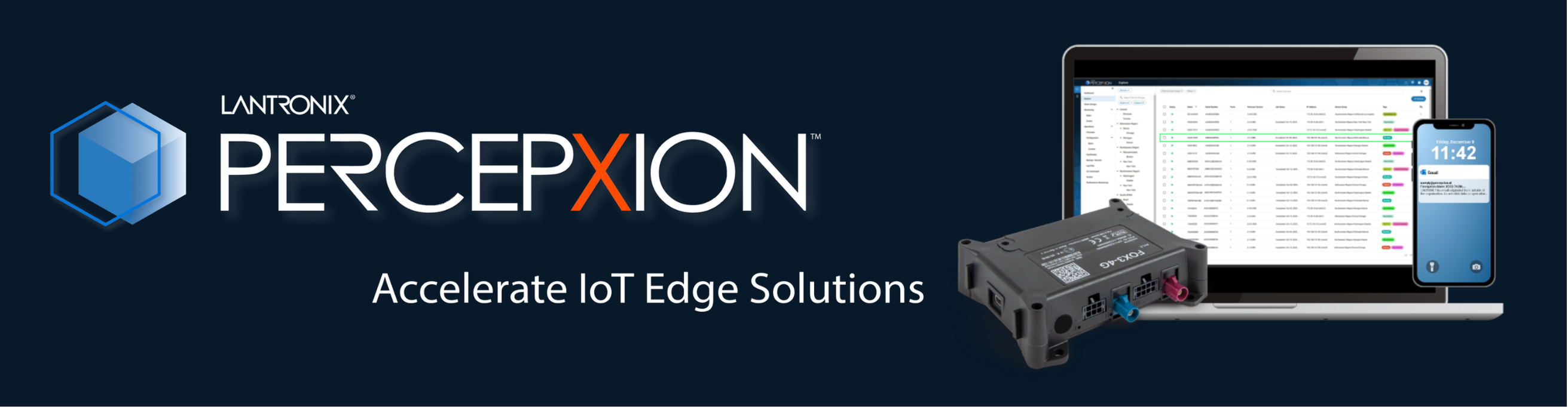 Percepxion IoT-Lösung mit Gerät, Laptop und Smartphone-Anzeige | © Atlantik Elektronik GmbH